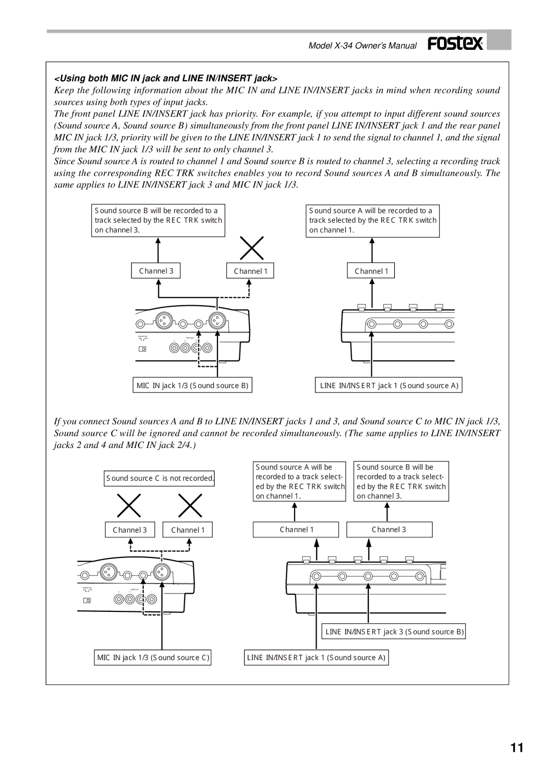 Fostex X-34 owner manual Using both MIC in jack and Line IN/INSERT jack 