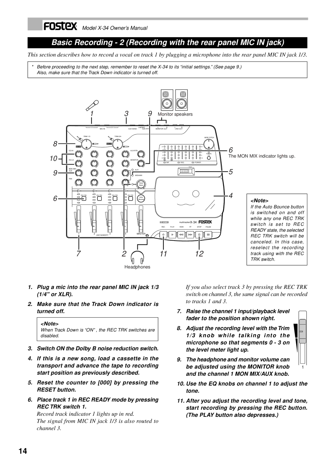 Fostex X-34 owner manual Basic Recording 2 Recording with the rear panel MIC in jack 