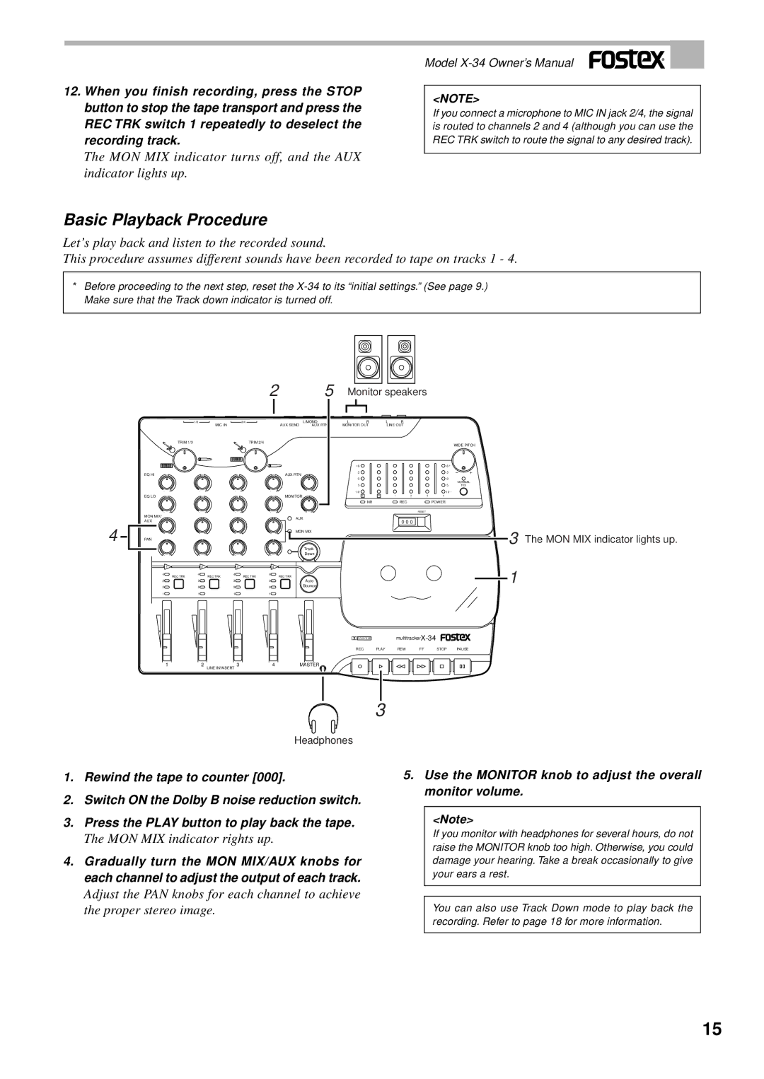 Fostex X-34 owner manual Basic Playback Procedure, MON MIX indicator rights up 