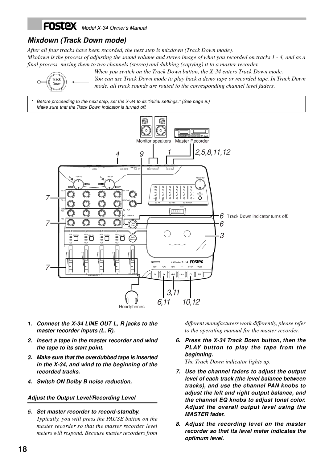 Fostex X-34 owner manual Mixdown Track Down mode, Track Down indicator lights up 