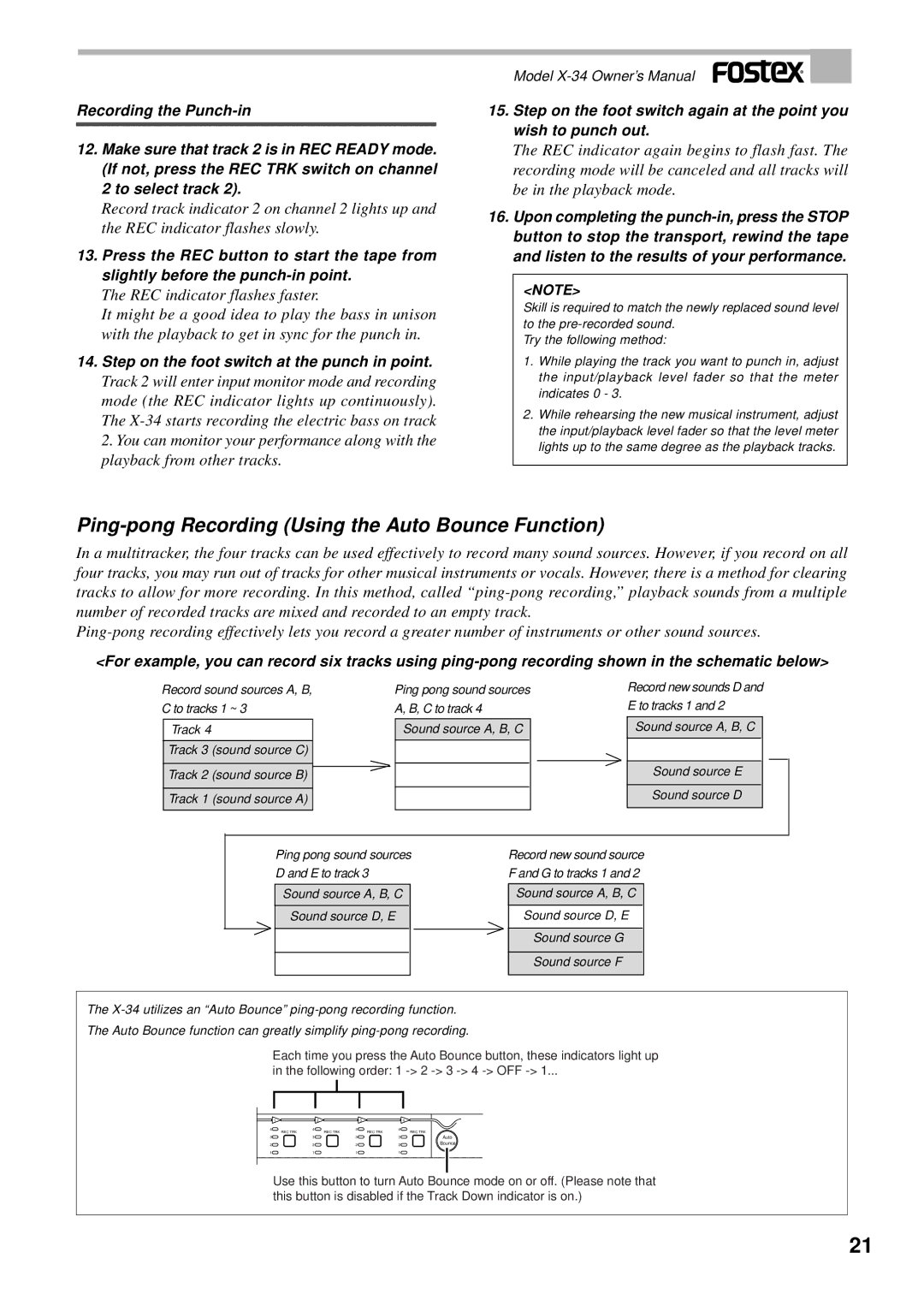 Fostex X-34 owner manual Ping-pong Recording Using the Auto Bounce Function, Step on the foot switch at the punch in point 