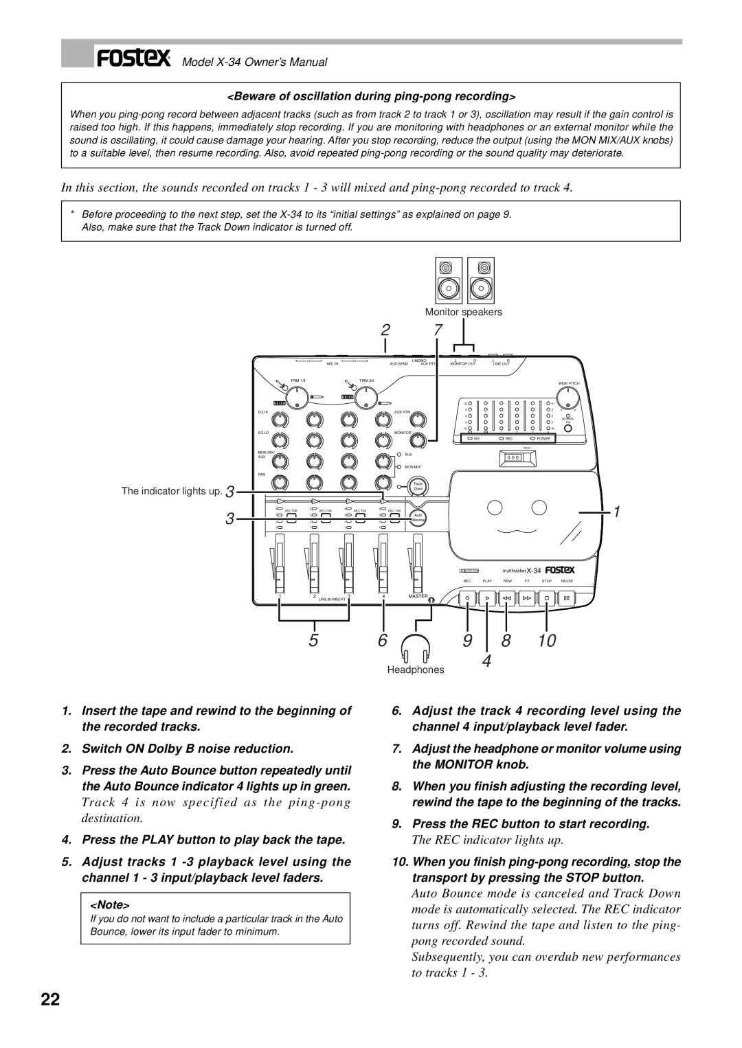 Fostex X-34 owner manual Track 4 is now specified as the ping pong destination, REC indicator lights up 