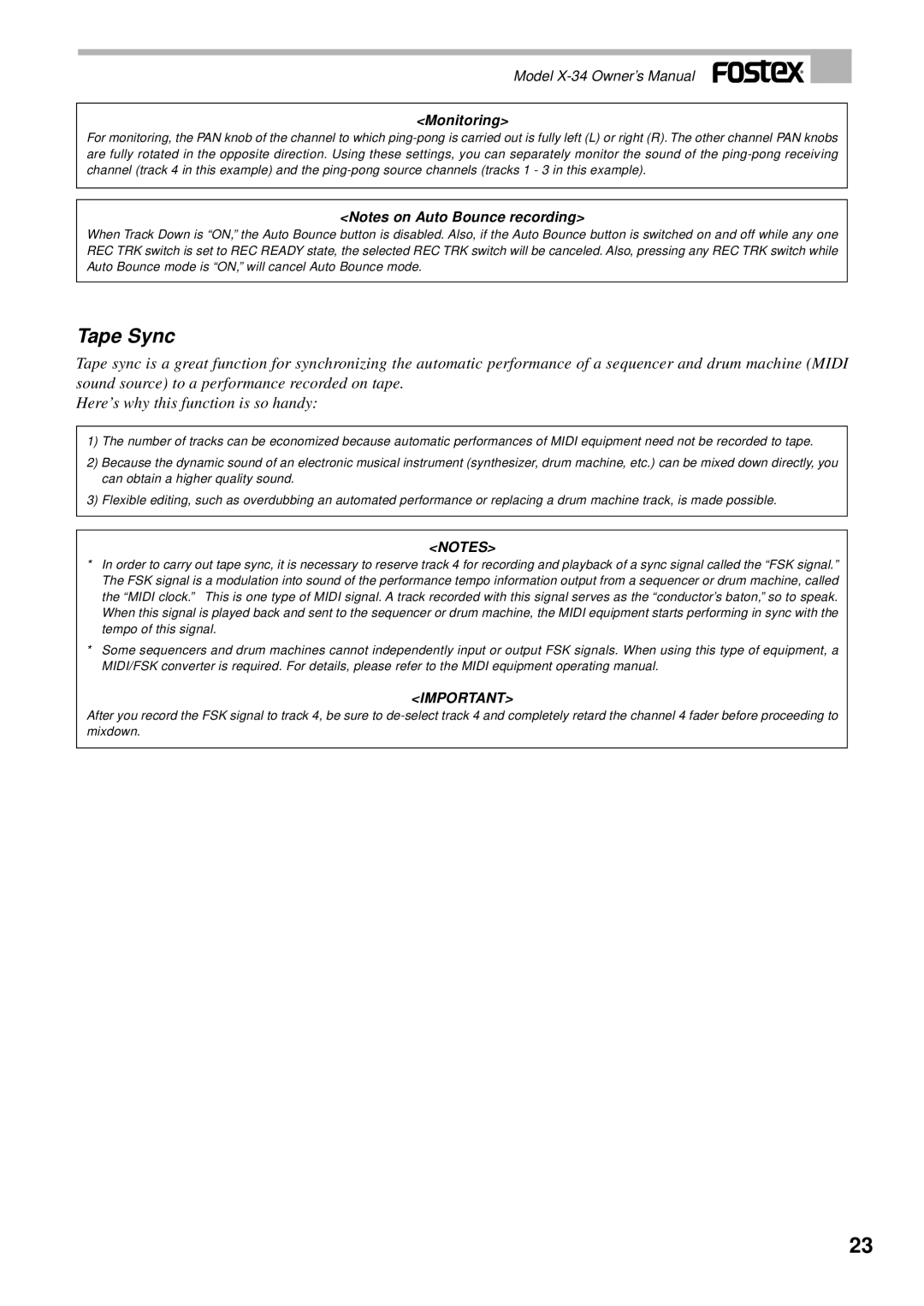 Fostex X-34 owner manual Tape Sync, Monitoring 