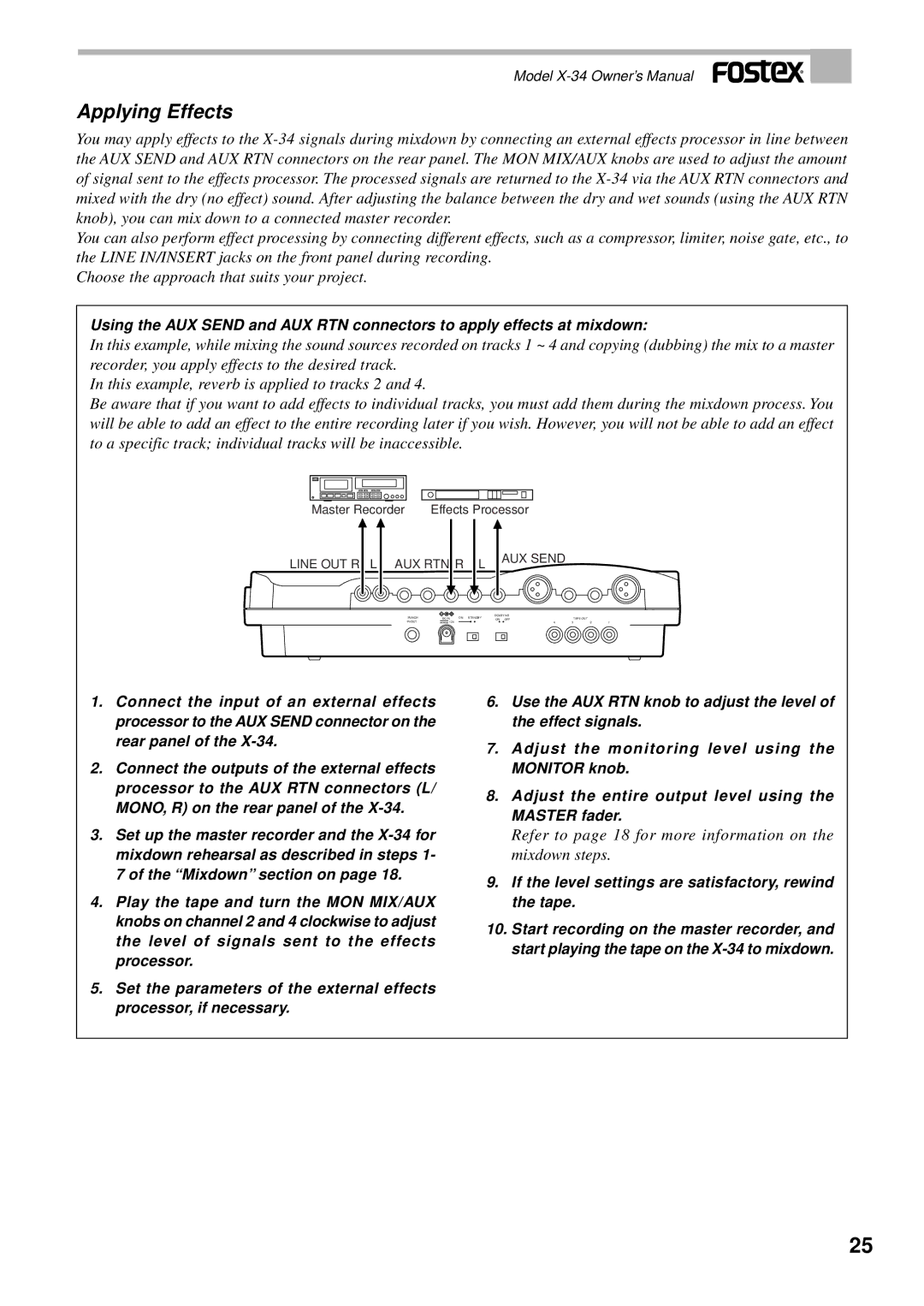 Fostex X-34 owner manual Applying Effects, Refer to page 18 for more information on the mixdown steps 