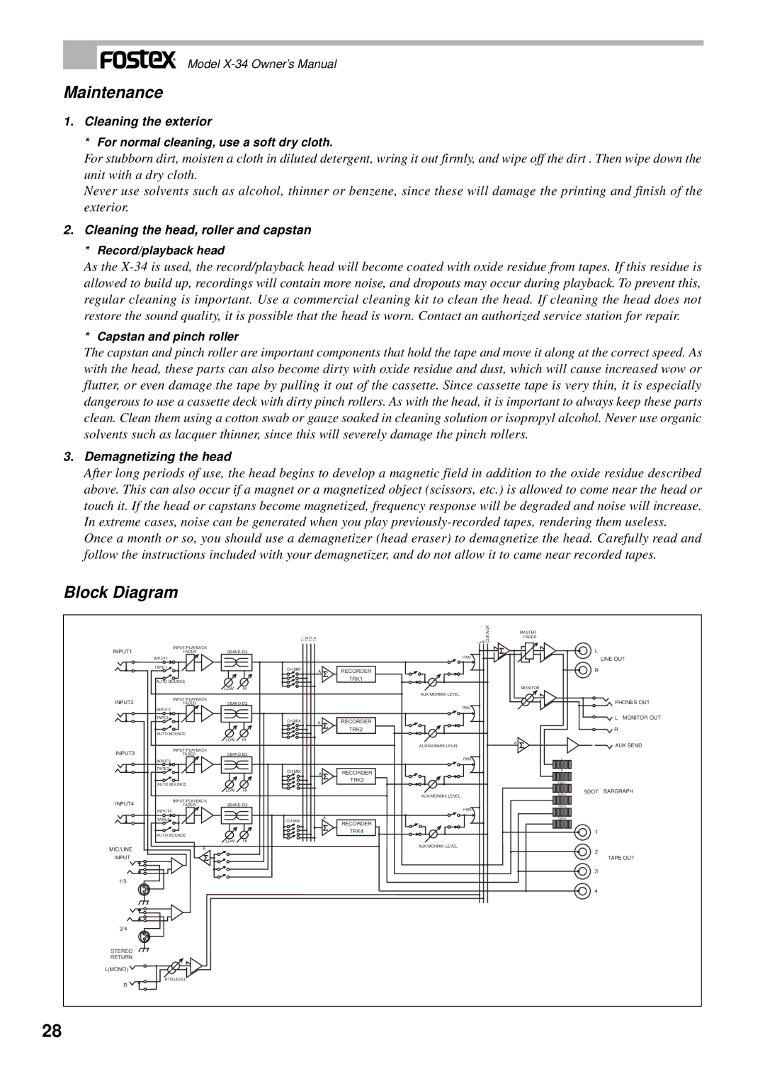 Fostex X-34 Maintenance, Block Diagram, Cleaning the head, roller and capstan Record/playback head, Demagnetizing the head 