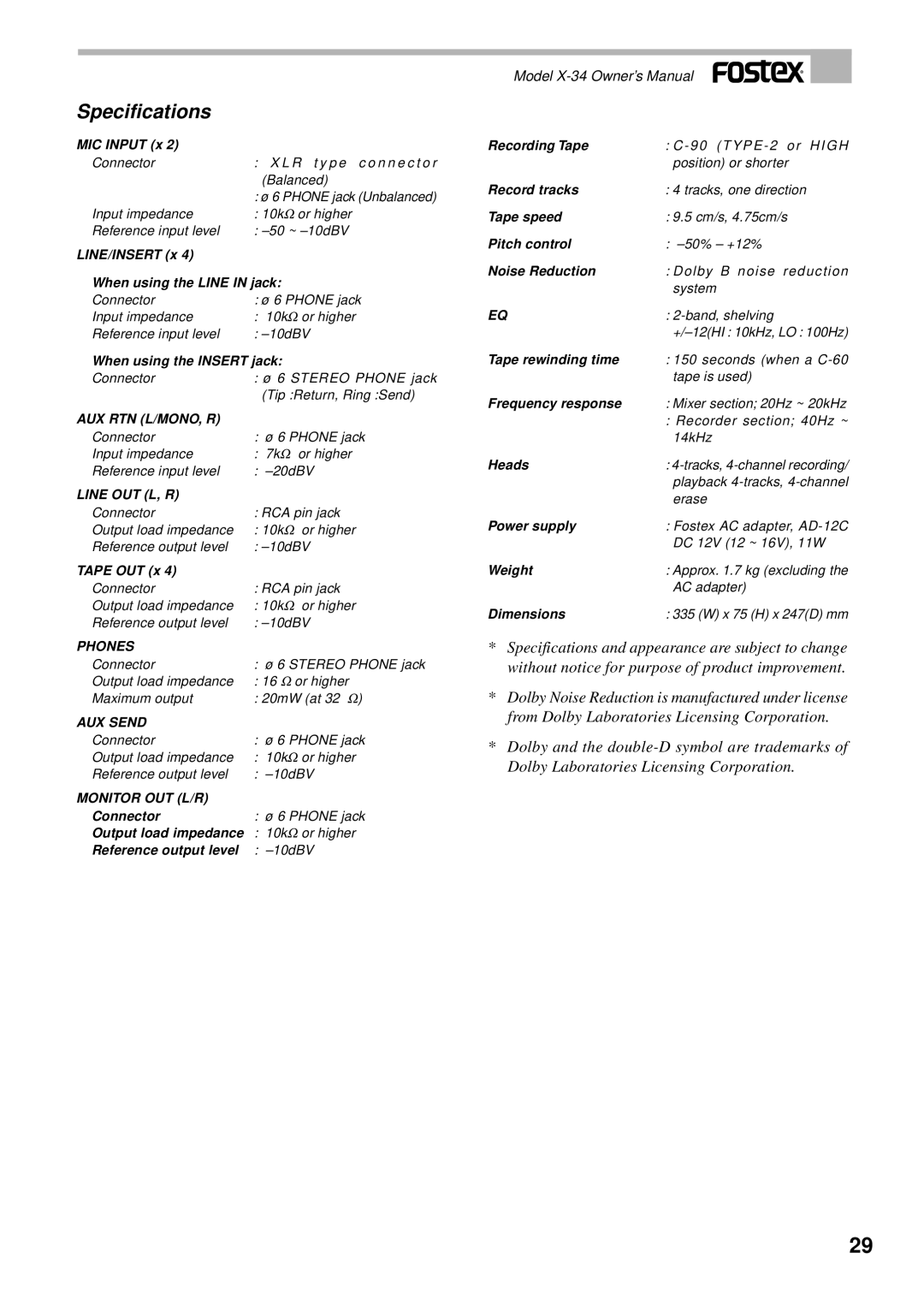 Fostex X-34 owner manual Specifications, MIC Input x 