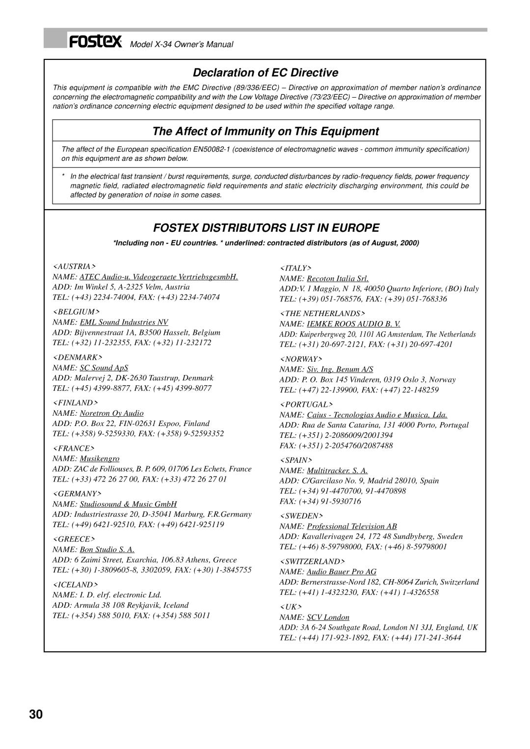 Fostex X-34 owner manual Declaration of EC Directive, Affect of Immunity on This Equipment 