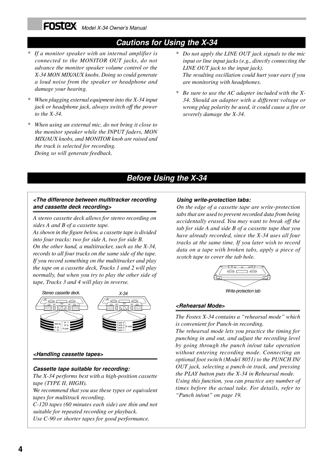 Fostex X-34 owner manual Before Using, Using write-protection tabs, Rehearsal Mode 