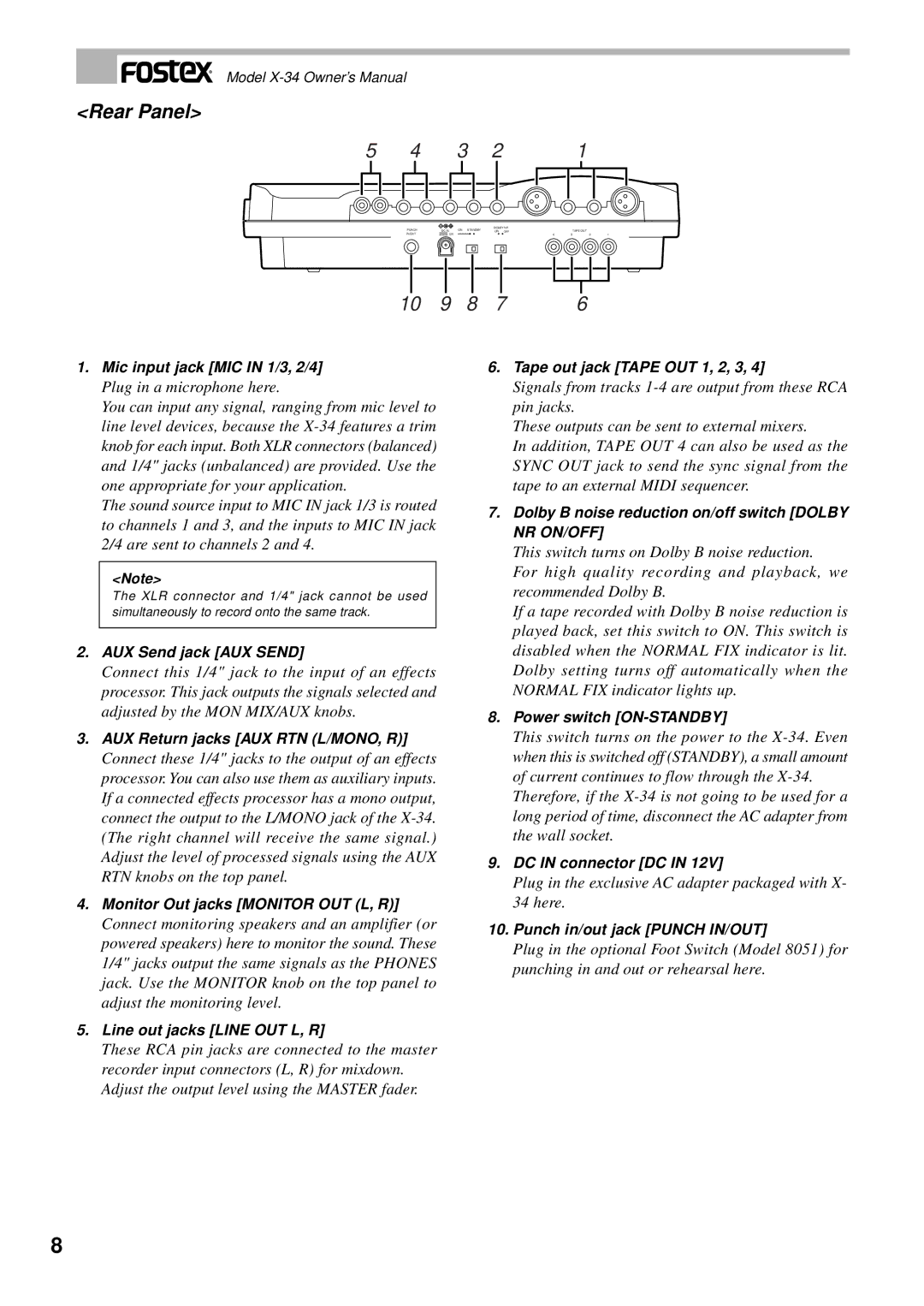 Fostex X-34 owner manual Rear Panel, Plug in a microphone here, Plug in the exclusive AC adapter packaged with X- 34 here 