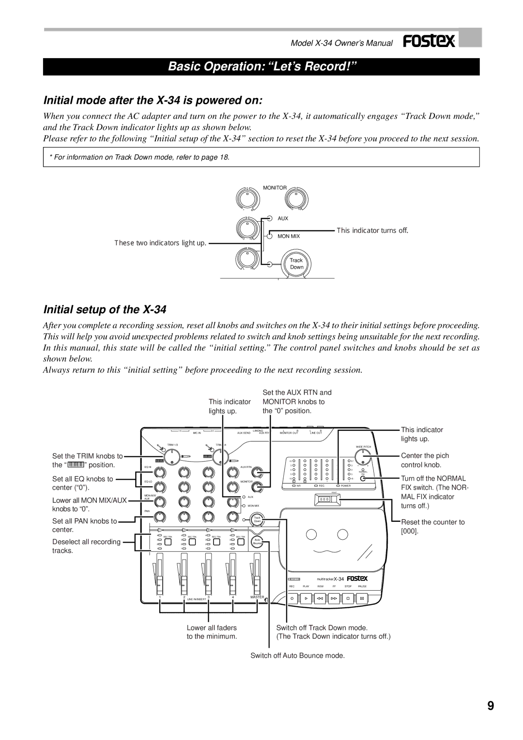 Fostex owner manual Basic Operation Let’s Record, Initial mode after the X-34 is powered on, Initial setup 