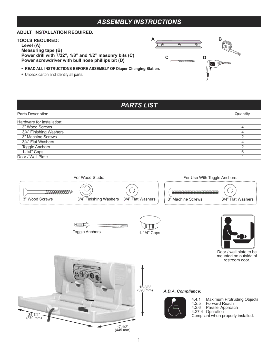 Foundations 100-EH manual Assembly Instructions, Parts List 