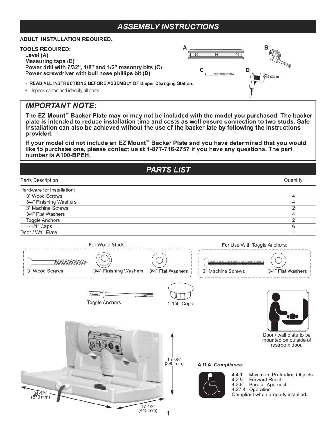 Foundations 100-EHBP manual Assembly Instructions, Adult Installation Required Tools Required 