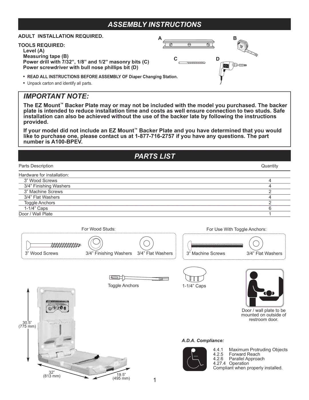 Foundations 100-EVBP manual Assembly Instructions, Parts List 