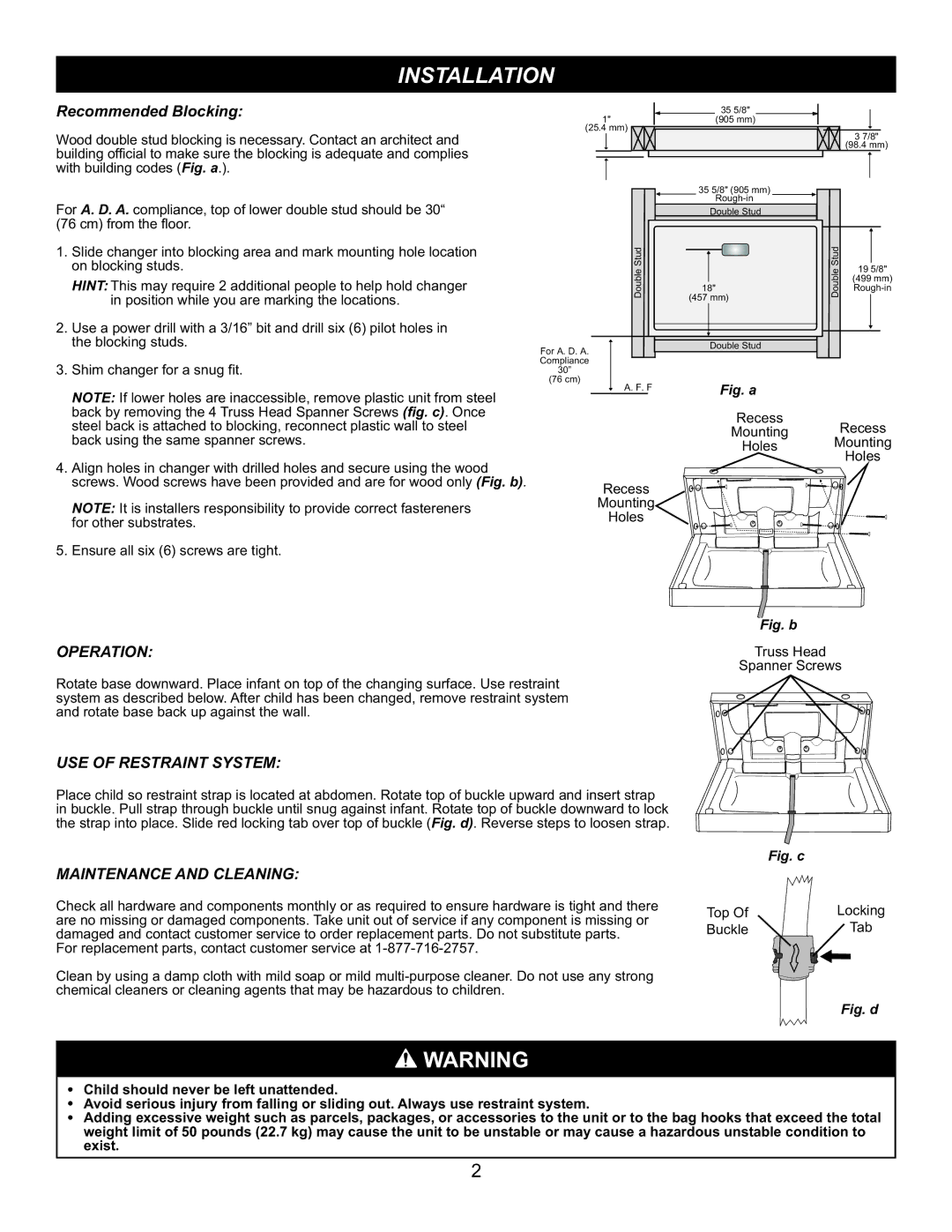 Foundations 100-SSC-R Installation, Recommended Blocking, Operation, USE of Restraint System, Maintenance and Cleaning 