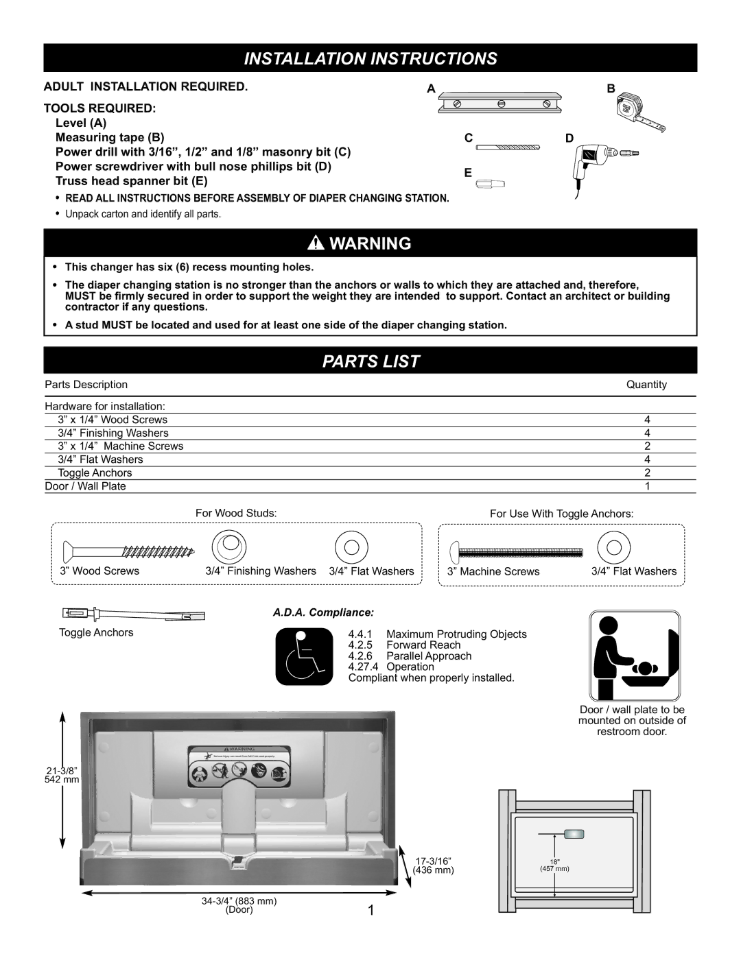 Foundations 100-SSC-SM, SI258SM-D manual Installation Instructions, Adult Installation Required Tools Required 