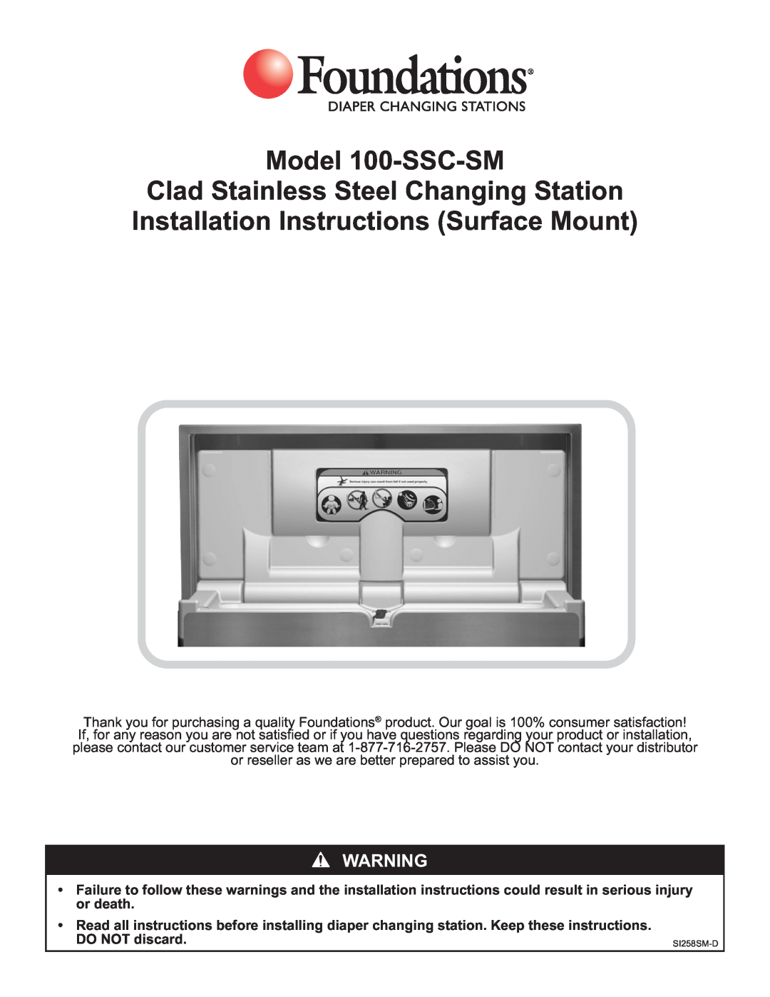 Foundations SI258SM-D manual Model 100-SSC-SM Clad Stainless Steel Changing Station 