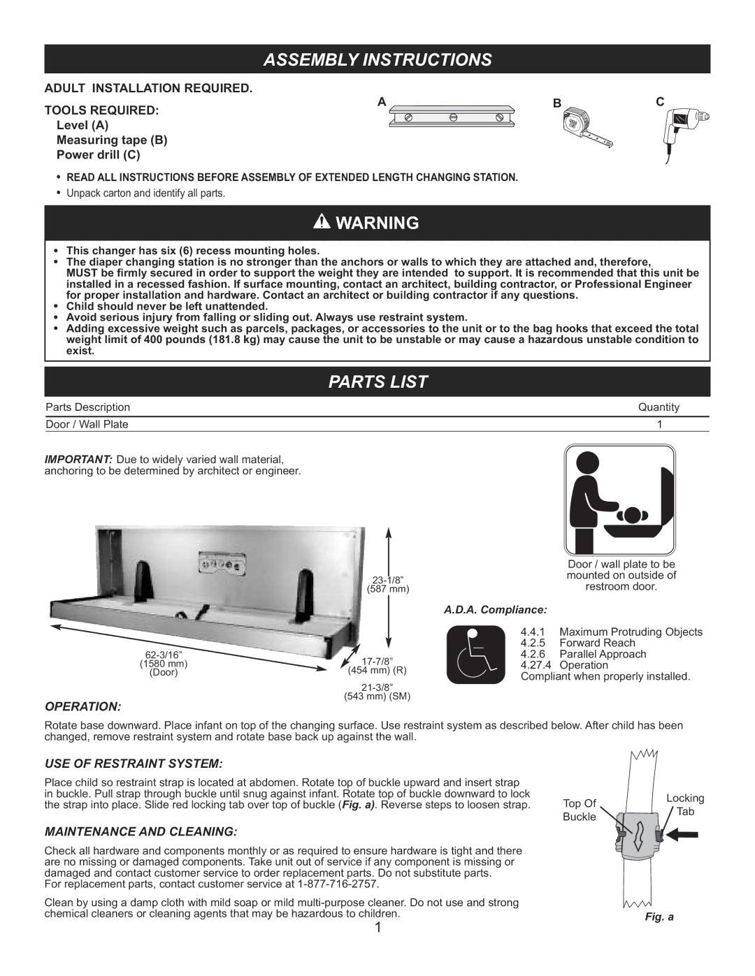 Foundations 100-SSE manual Assembly Instructions, Operation, USE of Restraint System, Maintenance and Cleaning 