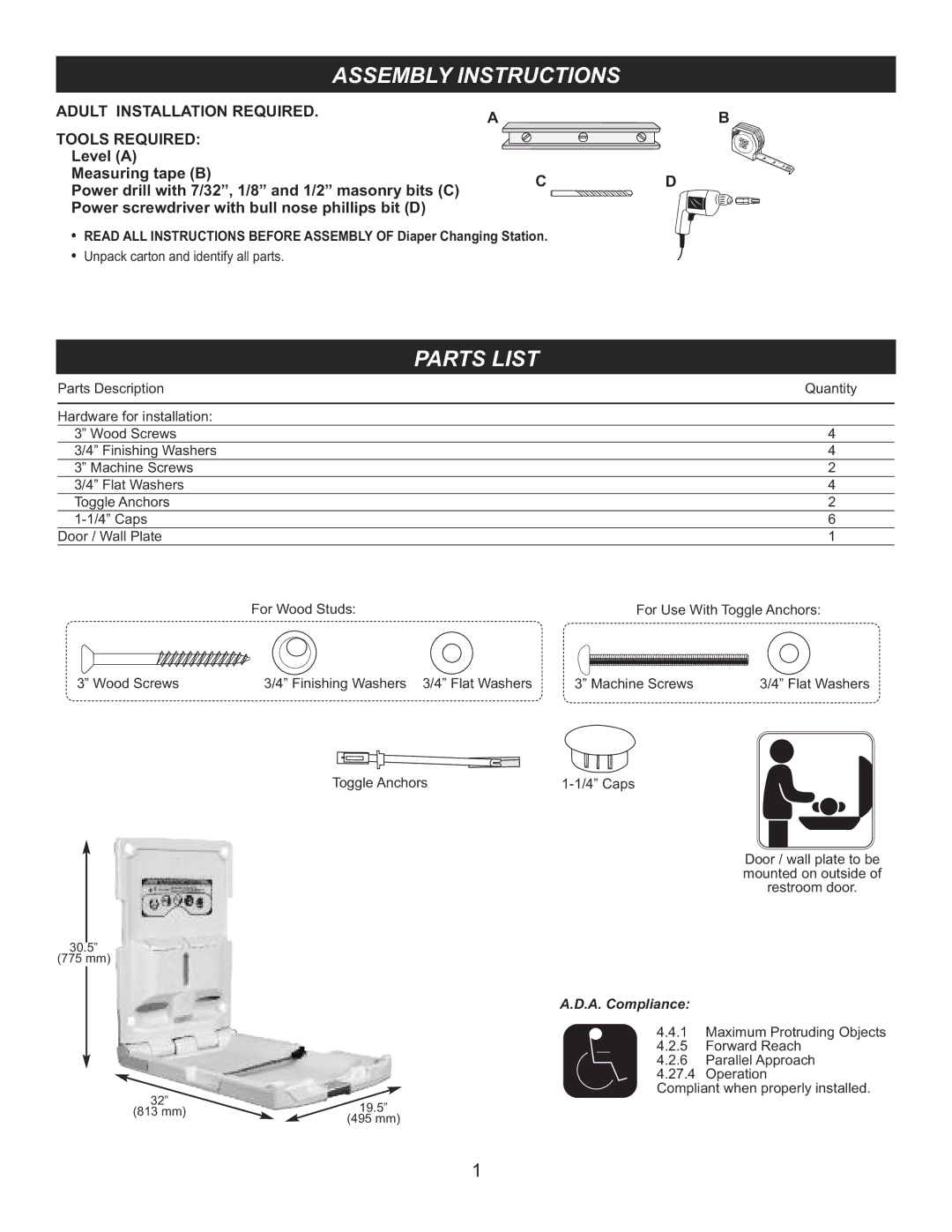 Foundations SI255D-Gen, 100-EV manual Assembly Instructions, Parts List 