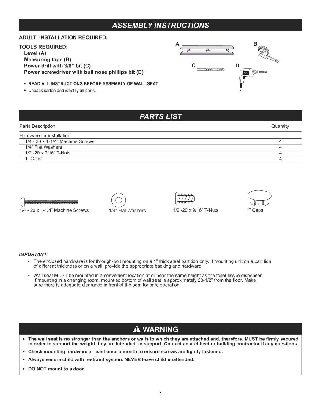 Foundations SI256E, 103-BQS manual Assembly Instructions, Parts List 