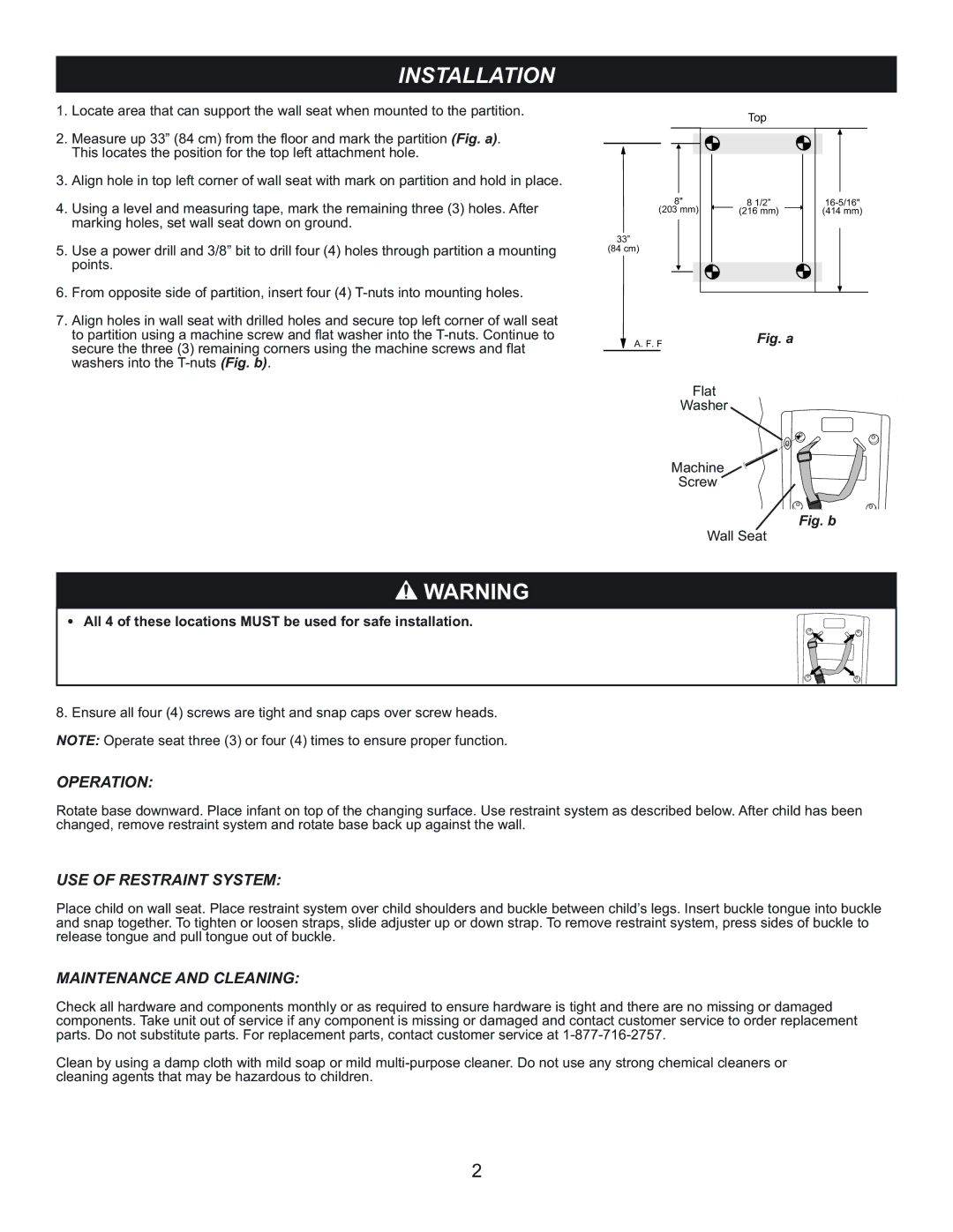 Foundations 103-BQS, SI256E manual Installation, Operation, USE of Restraint System, Maintenance and Cleaning 