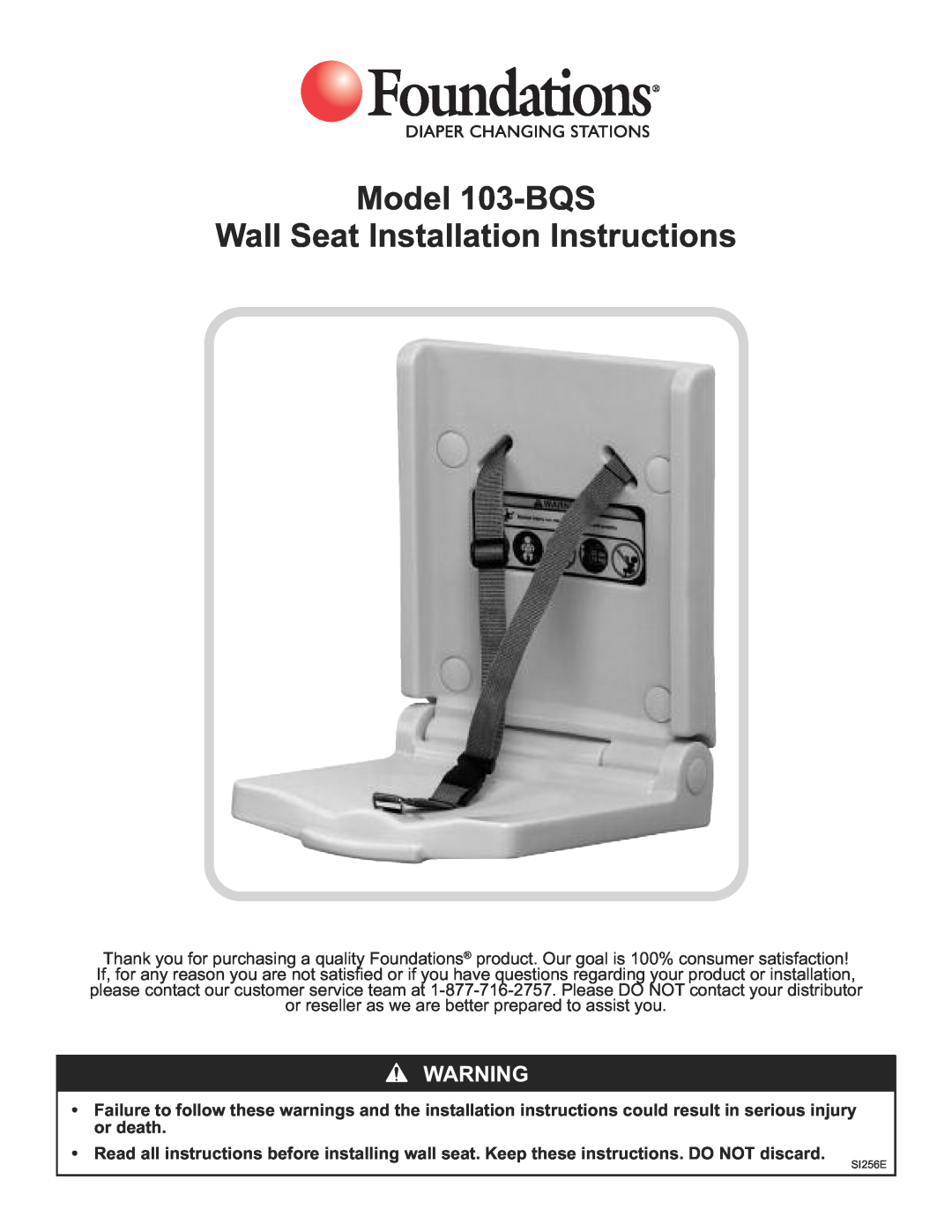 Foundations SI256E manual Model 103-BQS Wall Seat Installation Instructions 
