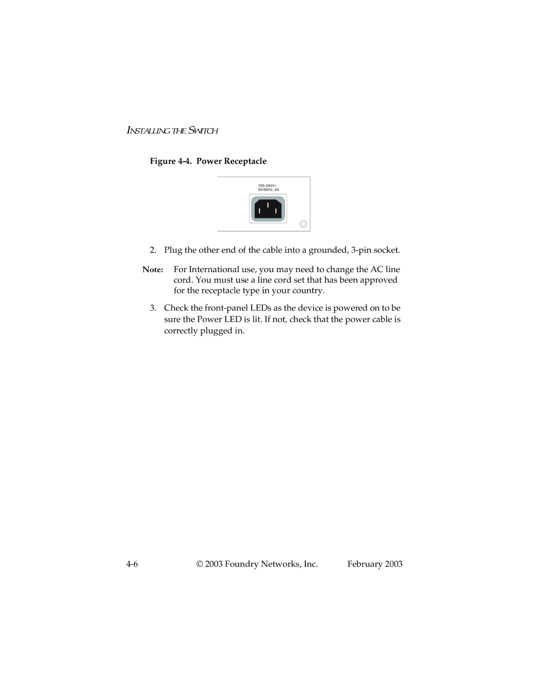 Foundry Networks 2402CF manual Power Receptacle 