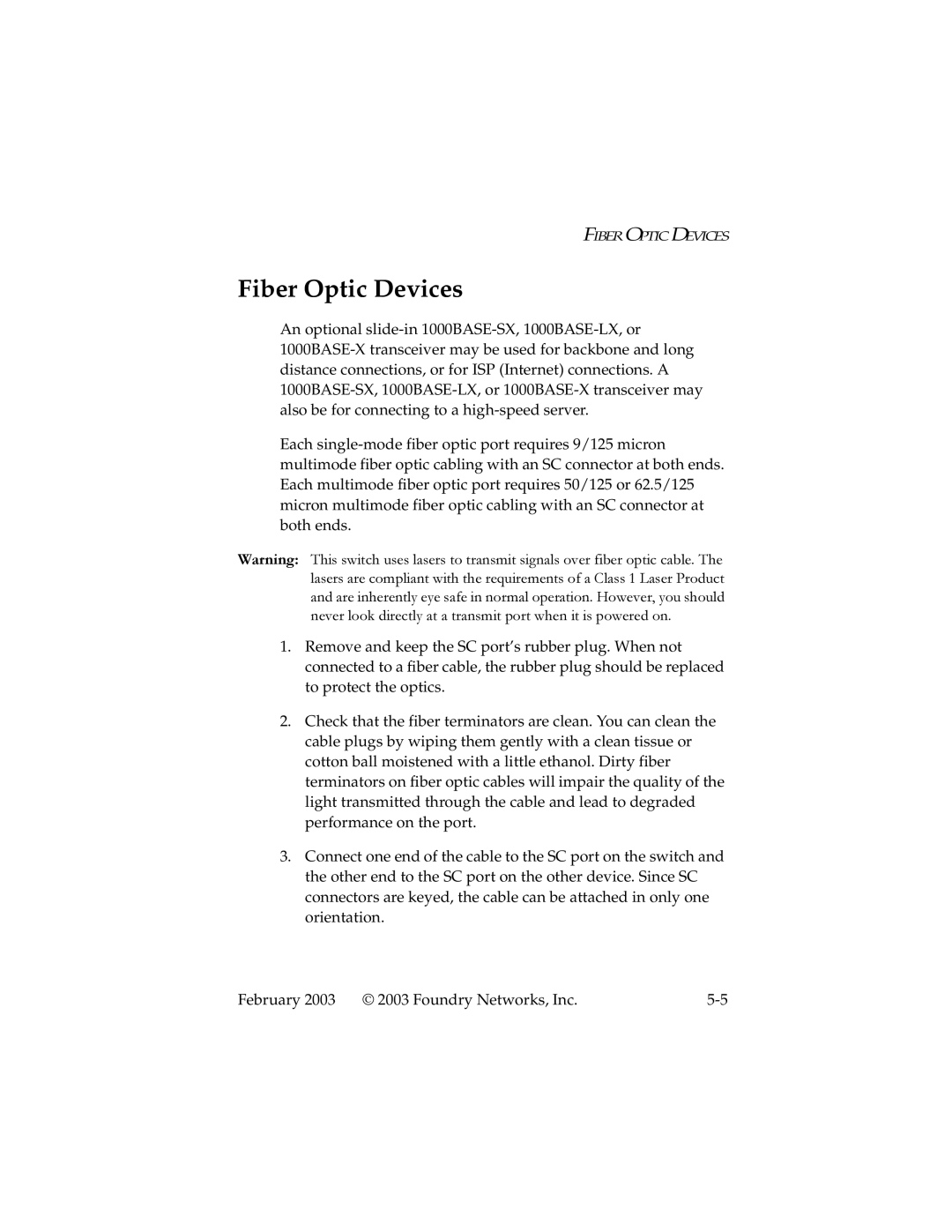 Foundry Networks 2402CF manual Fiber Optic Devices 