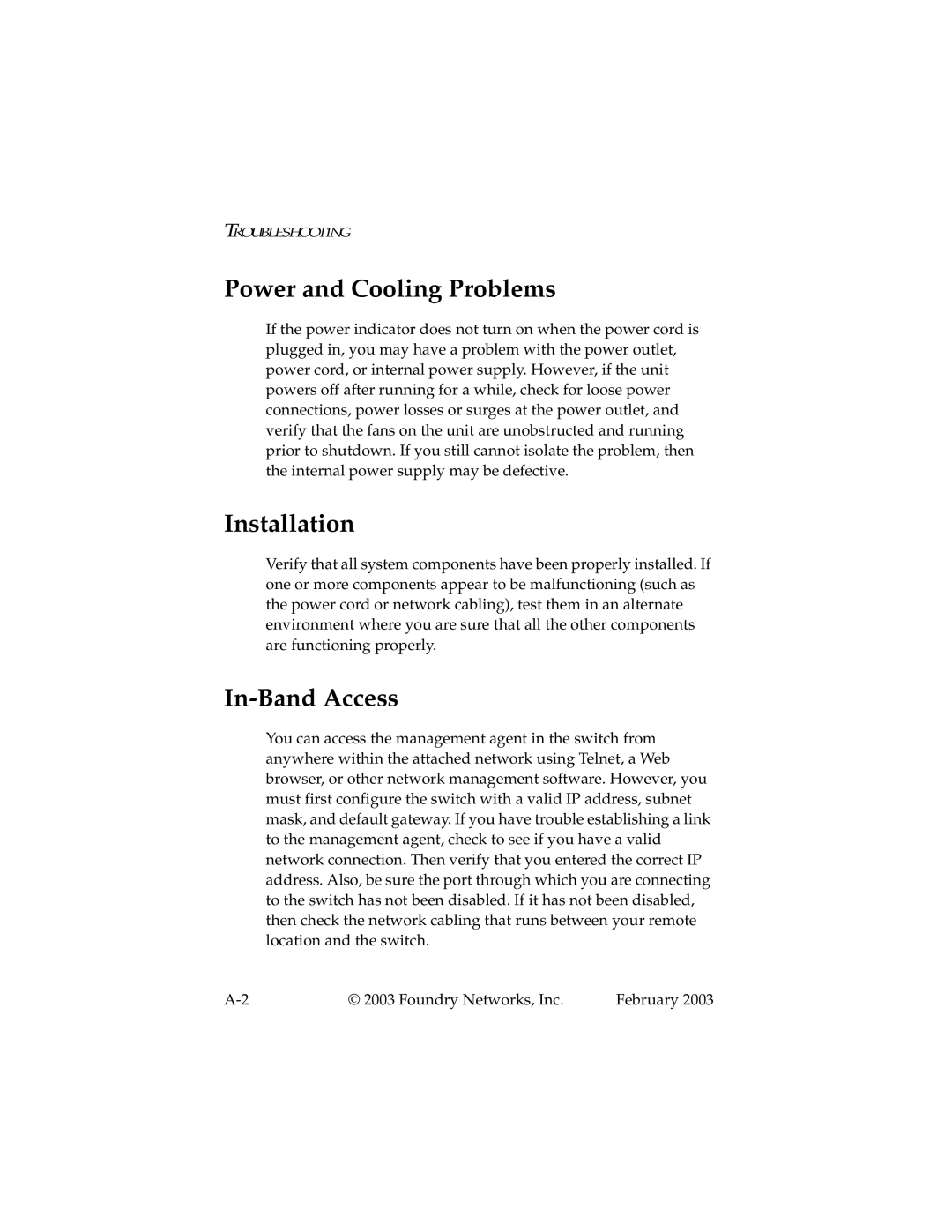 Foundry Networks 2402CF manual Power and Cooling Problems, Installation, In-Band Access 