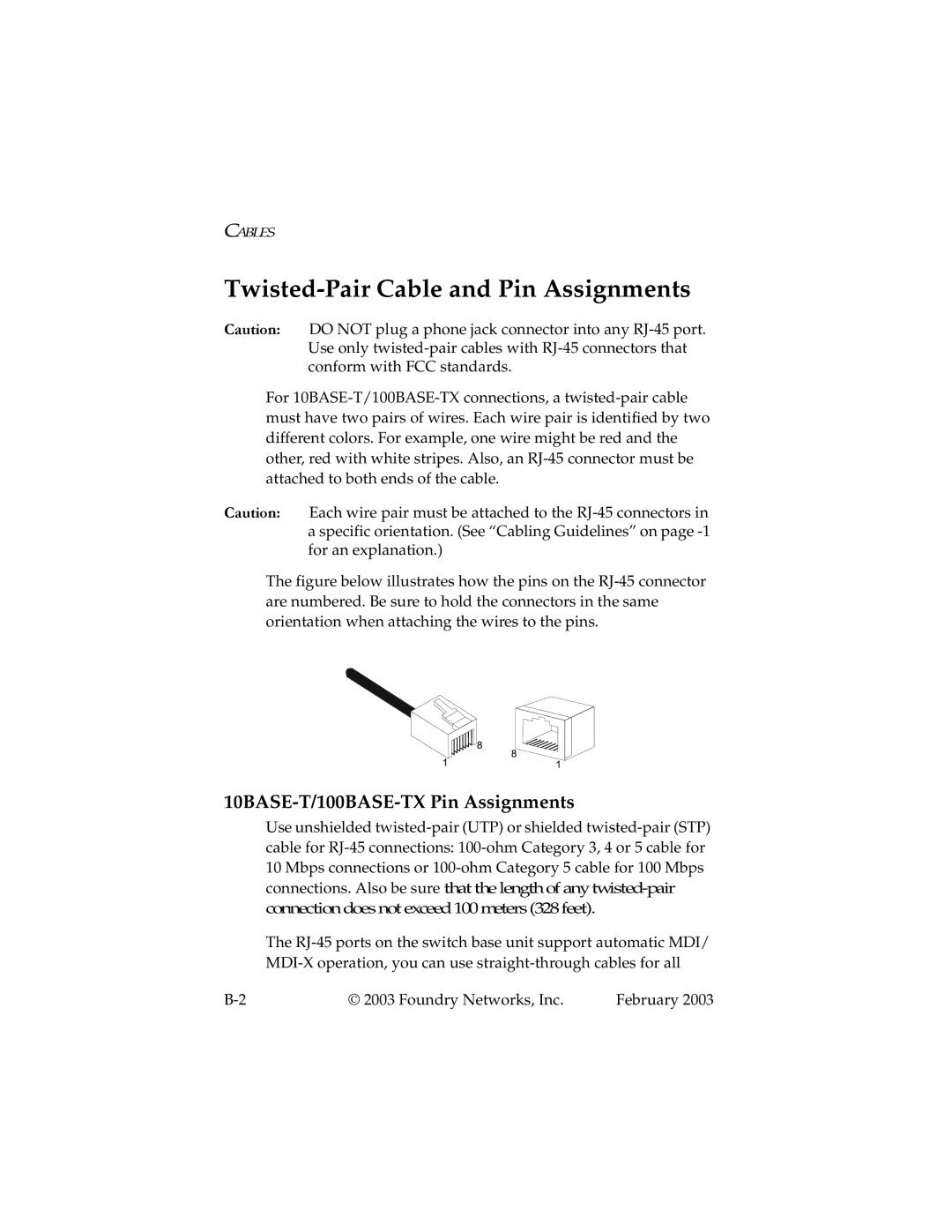 Foundry Networks 2402CF manual Twisted-Pair Cable and Pin Assignments, 10BASE-T/100BASE-TX Pin Assignments 