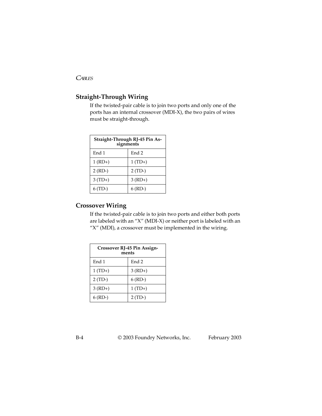 Foundry Networks 2402CF manual Straight-Through Wiring, Crossover Wiring 