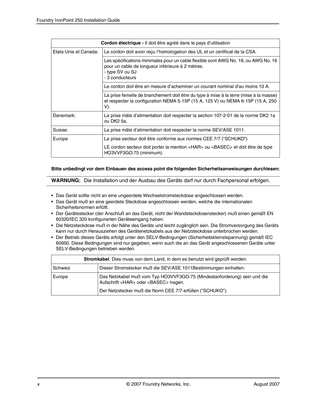 Foundry Networks 250 manual Pour un cable de longueur inférieure à 2 mètres 