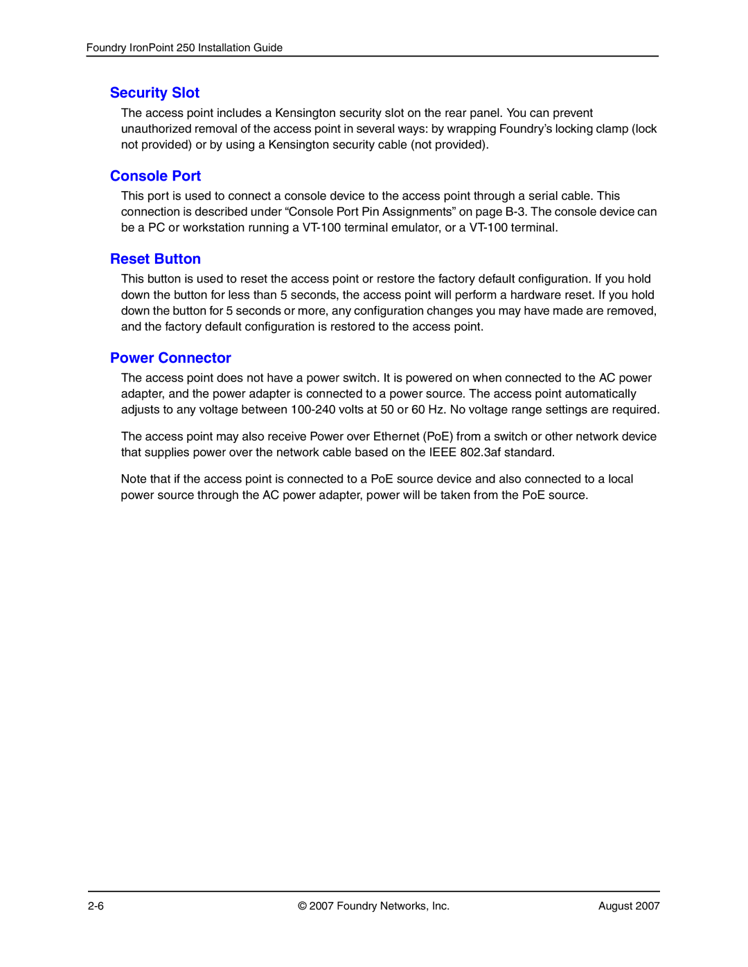 Foundry Networks 250 manual Security Slot, Console Port, Reset Button, Power Connector 