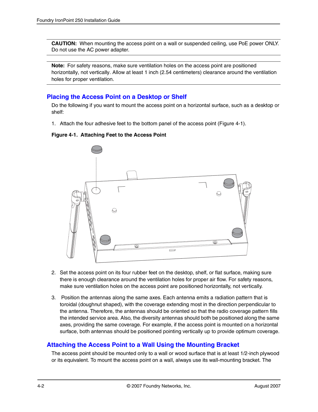 Foundry Networks 250 manual Placing the Access Point on a Desktop or Shelf, Attaching Feet to the Access Point 