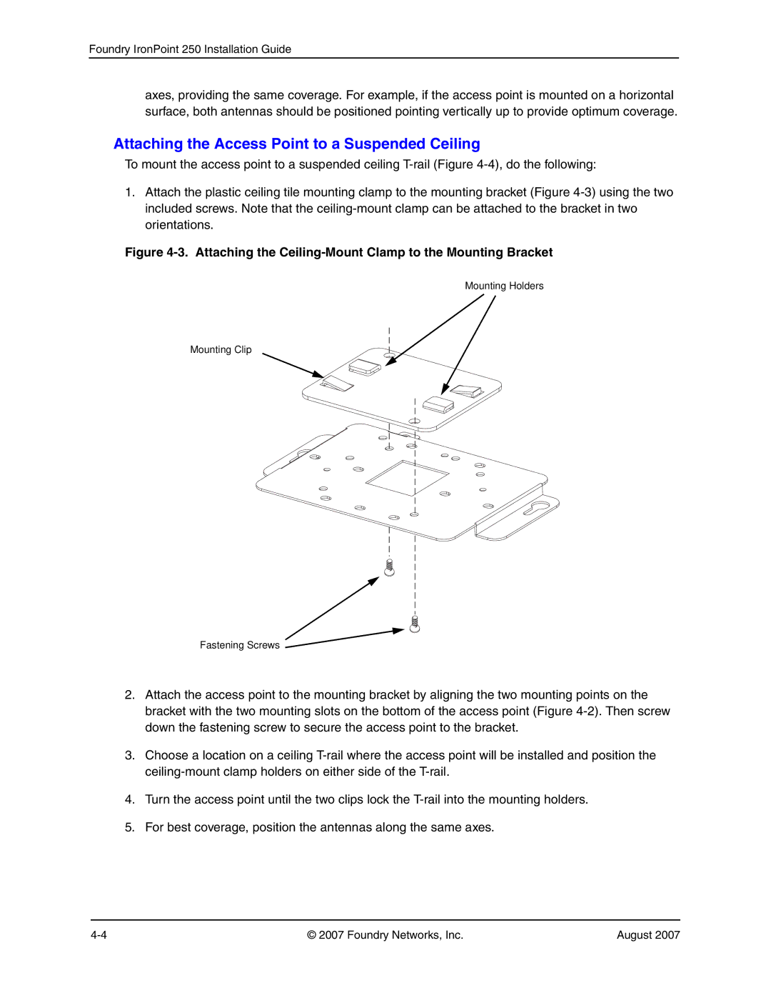 Foundry Networks 250 manual Attaching the Access Point to a Suspended Ceiling 