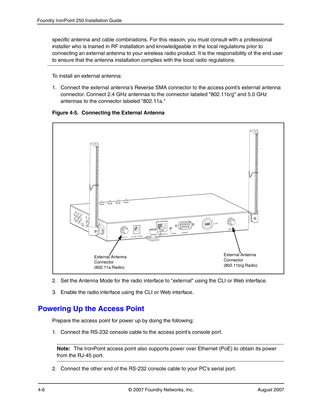 Foundry Networks 250 manual Powering Up the Access Point, Connecting the External Antenna 