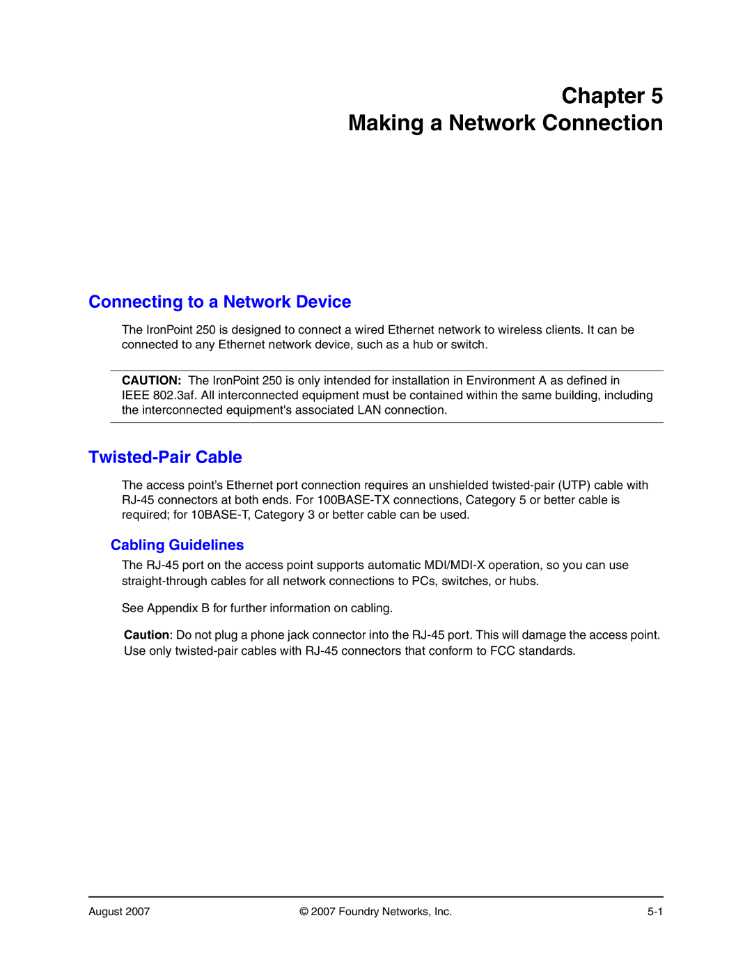 Foundry Networks 250 manual Chapter Making a Network Connection, Connecting to a Network Device, Twisted-Pair Cable 