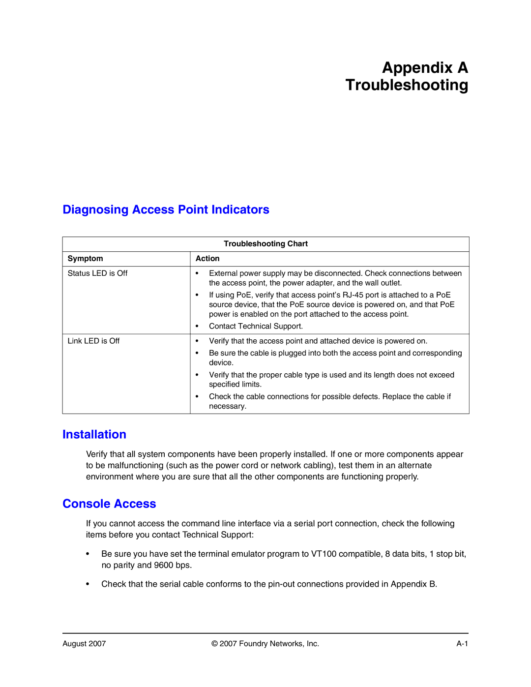 Foundry Networks 250 manual Appendix a Troubleshooting, Diagnosing Access Point Indicators, Installation, Console Access 