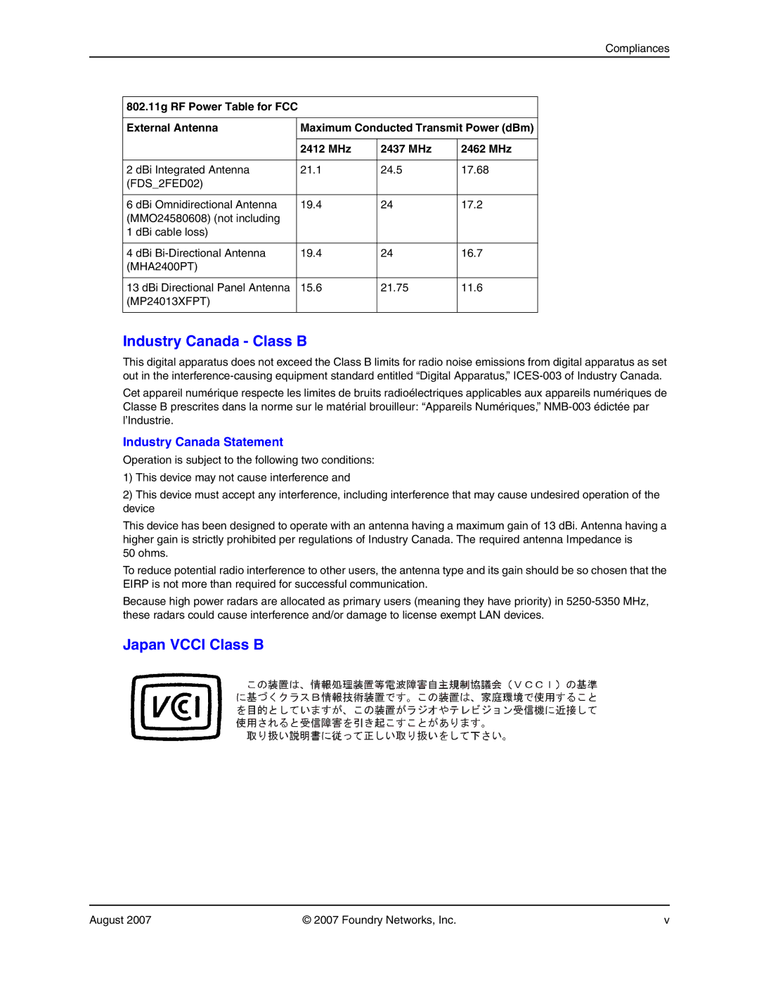 Foundry Networks 250 manual Industry Canada Class B, Japan Vcci Class B 