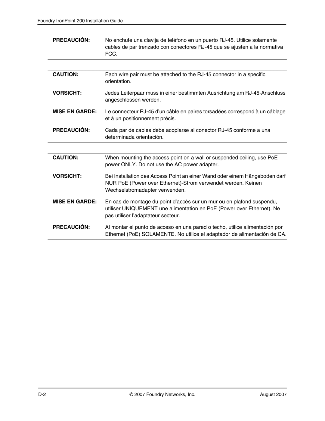 Foundry Networks 250 manual Foundry IronPoint 200 Installation Guide 