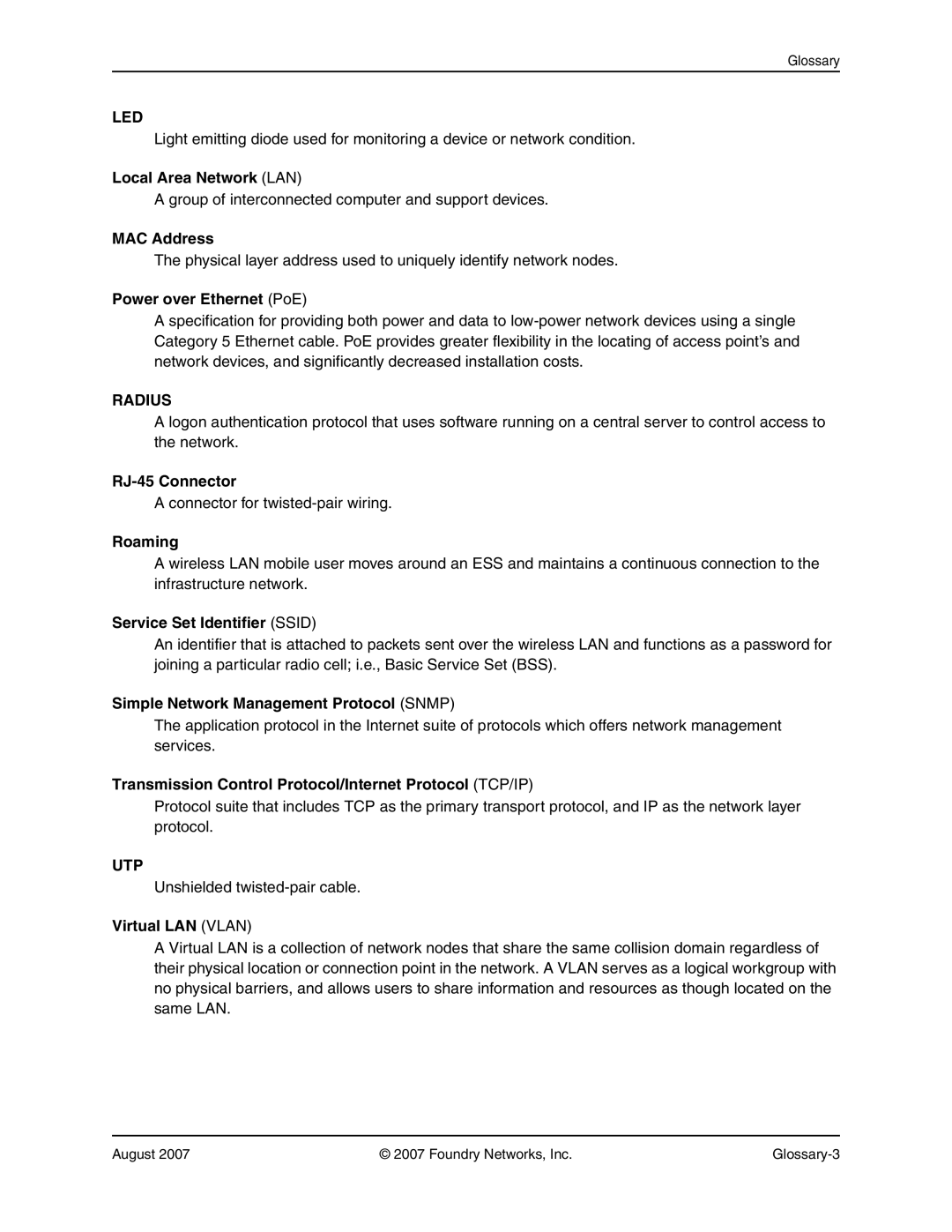 Foundry Networks 250 manual Local Area Network LAN, MAC Address, Power over Ethernet PoE, RJ-45 Connector, Roaming 