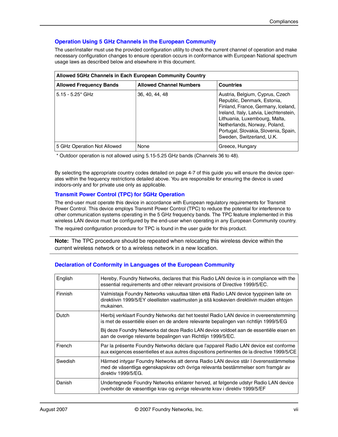 Foundry Networks 250 manual Operation Using 5 GHz Channels in the European Community 