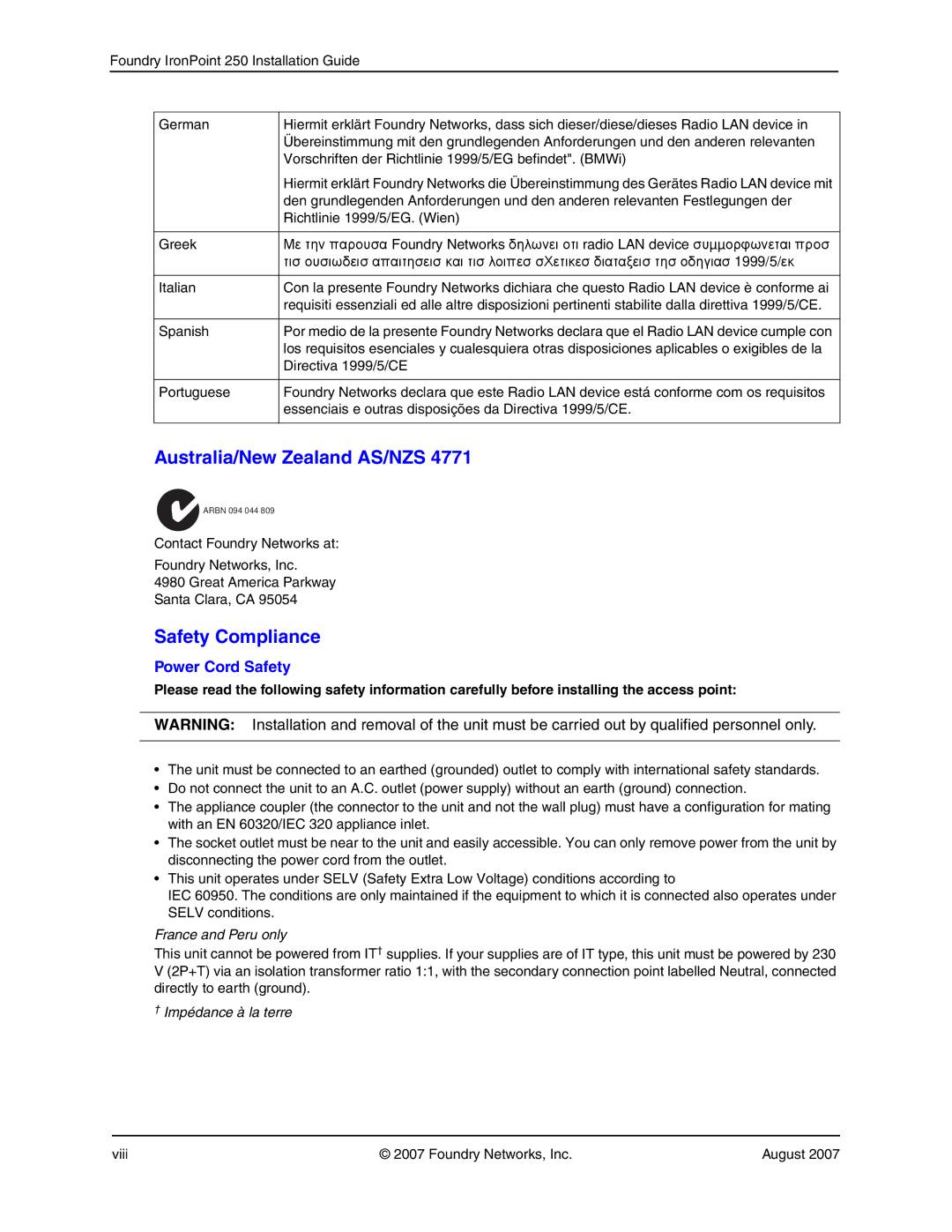 Foundry Networks 250 manual Australia/New Zealand AS/NZS, Safety Compliance 