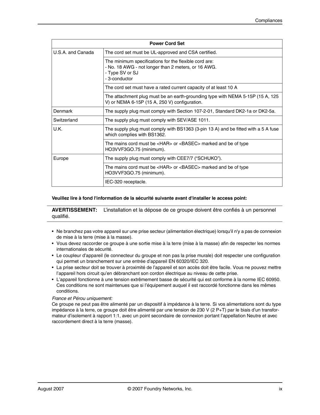 Foundry Networks 250 manual Power Cord Set 