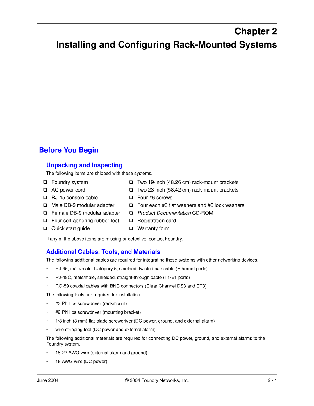 Foundry Networks AR SERIES manual Before You Begin, Unpacking and Inspecting, Additional Cables, Tools, and Materials 