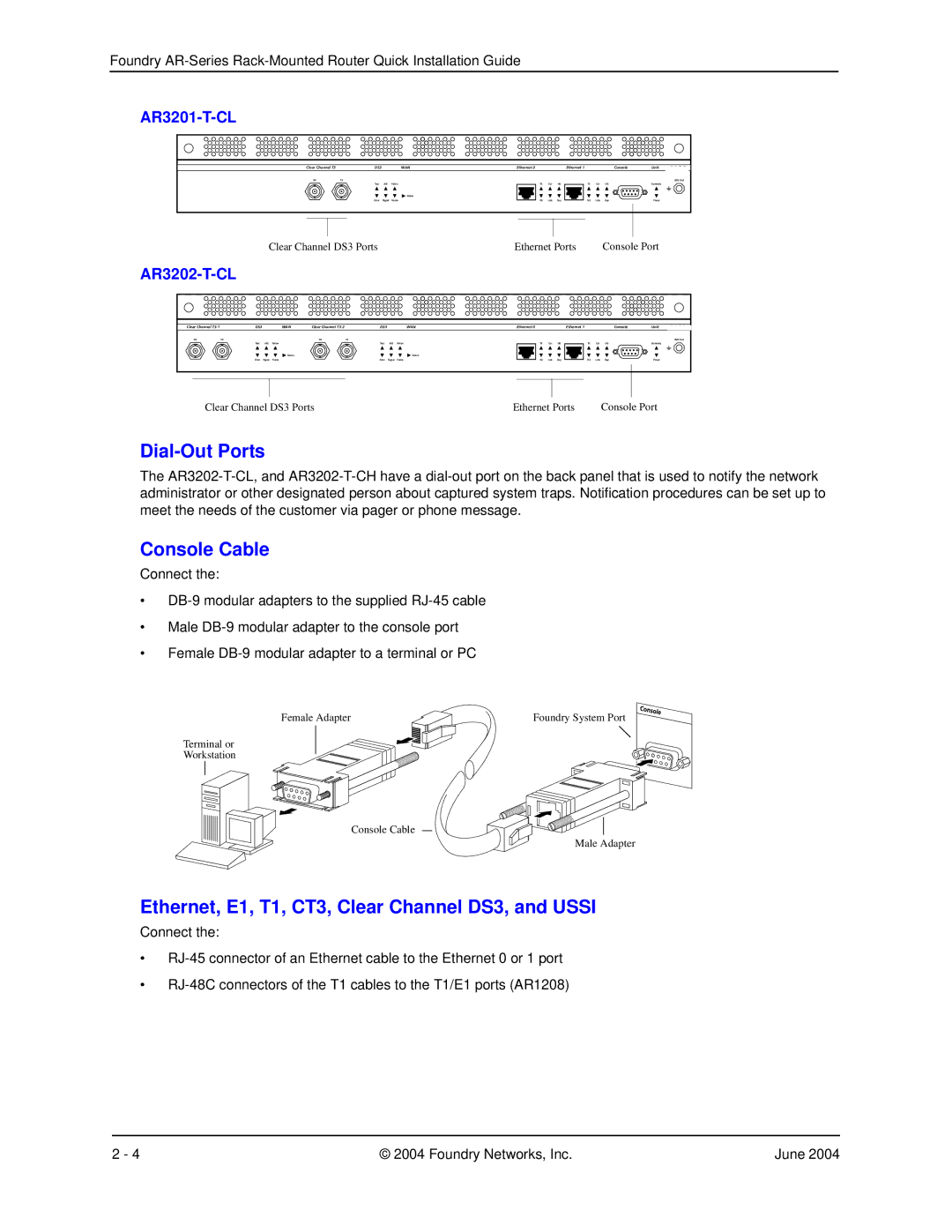 Foundry Networks AR SERIES manual Dial-Out Ports, Console Cable, Ethernet, E1, T1, CT3, Clear Channel DS3, and Ussi 