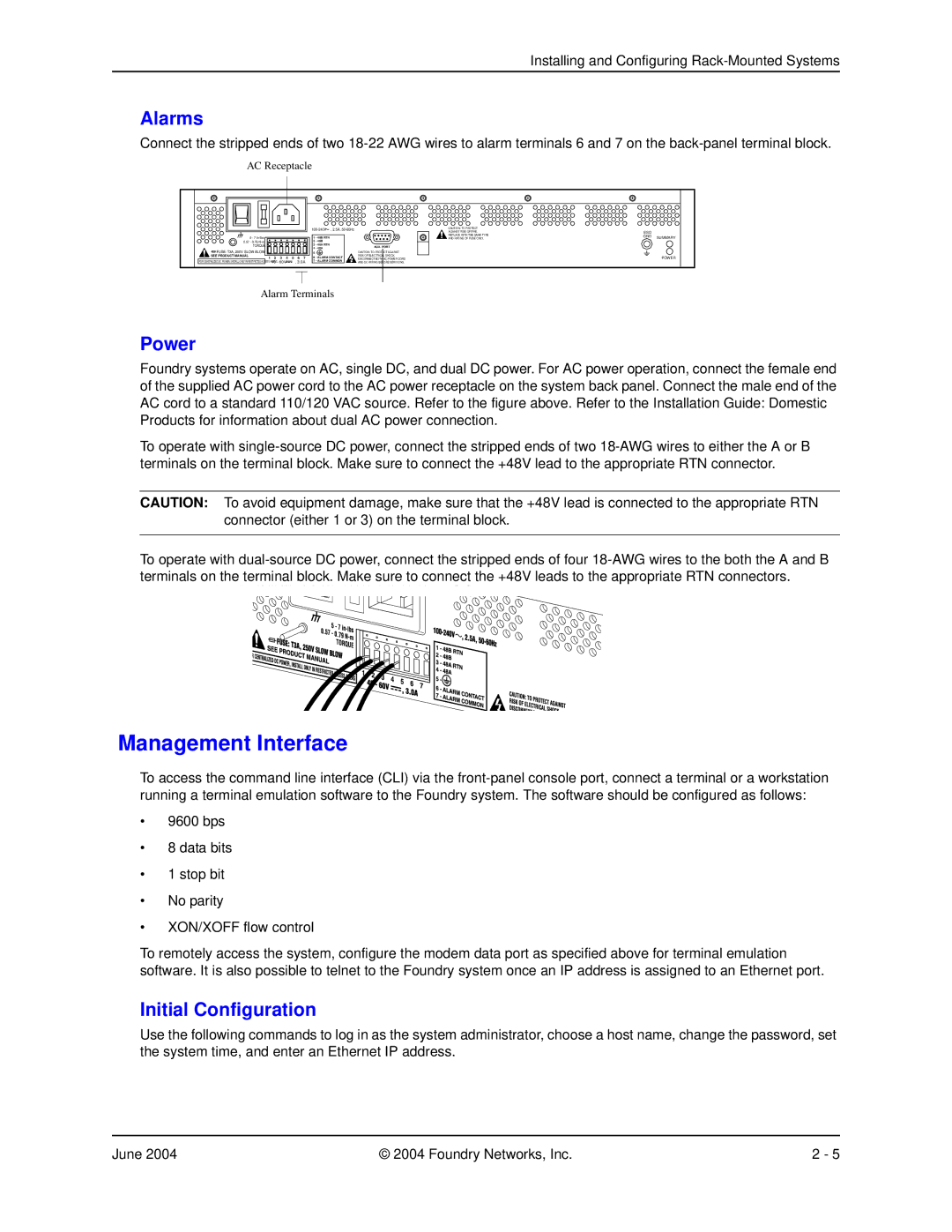 Foundry Networks AR SERIES manual Management Interface, Alarms, Power, Initial Configuration 