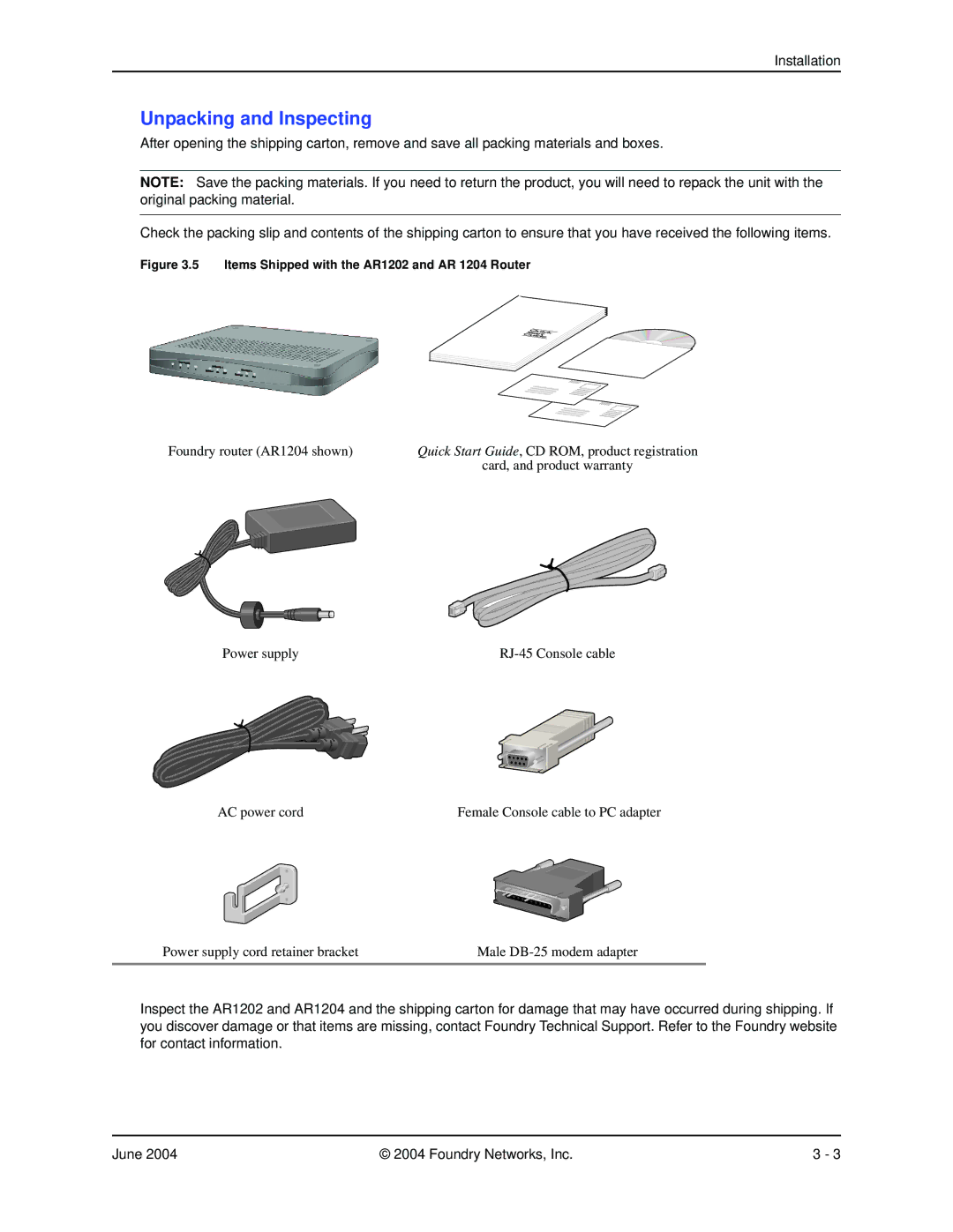 Foundry Networks AR1202 manual Unpacking and Inspecting, Foundry router AR1204 shown 