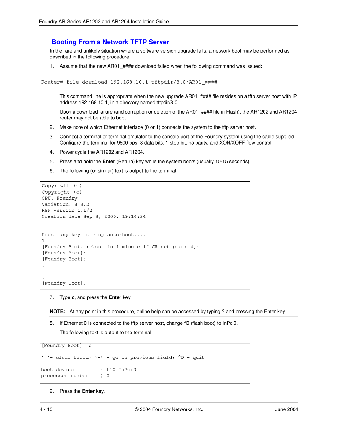 Foundry Networks AR1202 manual Booting From a Network Tftp Server, Router# file download 192.168.10.1 tftpdir/8.0/AR01#### 