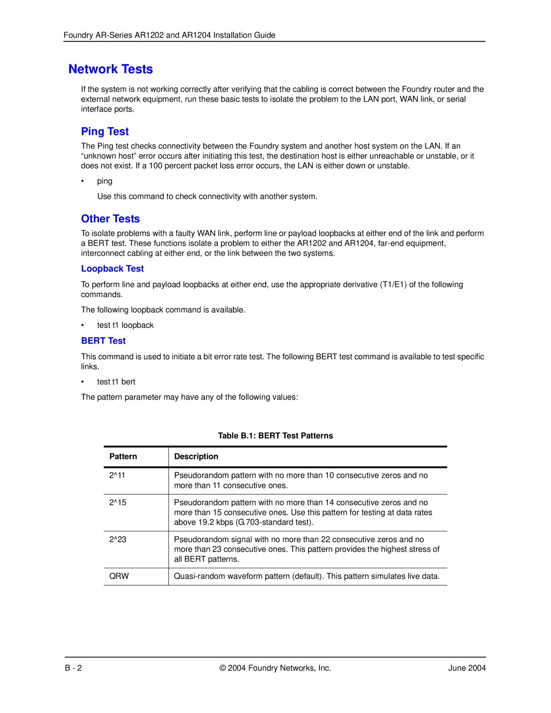 Foundry Networks AR1202 manual Network Tests, Ping Test, Other Tests, Loopback Test, Bert Test 