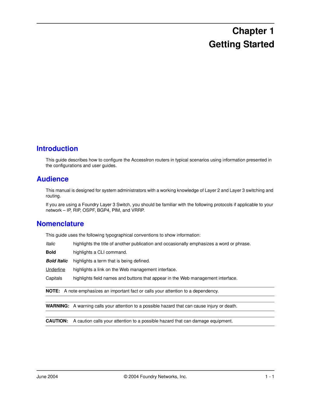 Foundry Networks AR1204, AR3202-CL, AR3201-CL, AR1216, AR1208 Chapter Getting Started, Introduction, Audience, Nomenclature 